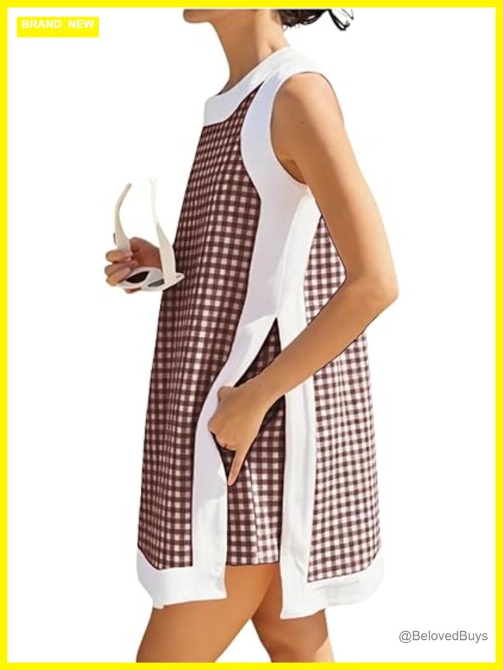 Women's 2 Piece Short Set - Plaid Color Block Pullover Top with Pockets